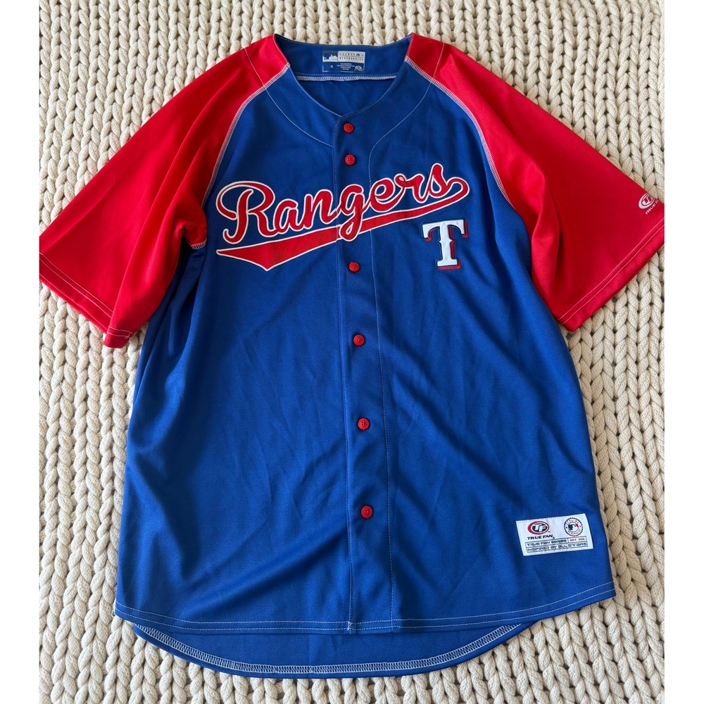 Texas Rangers MLB True Fan Jersey Men's Large L Blue Red Button Up Baseball